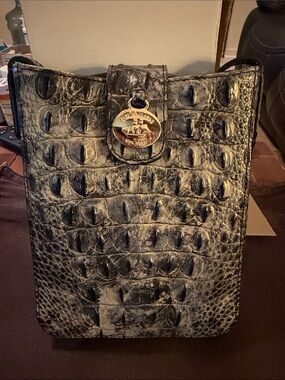 Brahmin Croc-Embossed Leather Small Crossbody in Black and Silver
